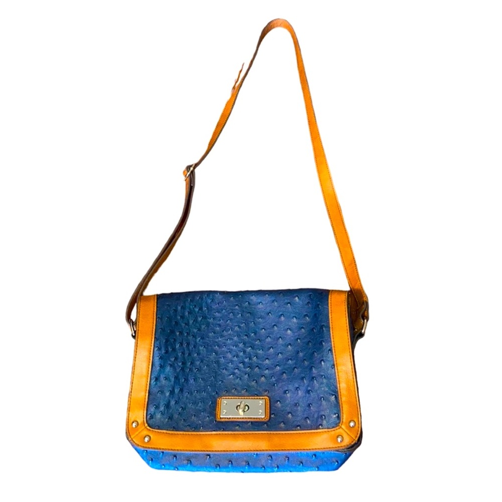 Women’s Navy And Tan Imitation Leather Ostrich Purse With Long Shoulder Strap.
